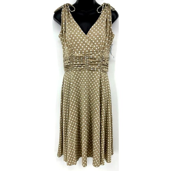 AA StudioAA Dress 10P Petite Tan White Polka Dot Sleeveless Ruched Tie Women New - Picture 1 of 5